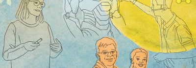 dessin d'une enseignante qui explique, d'une personne qui dessinne le trait d'un robot, deux étudiants qui sourient et d'une étudiante tournant des boutons sur une machine